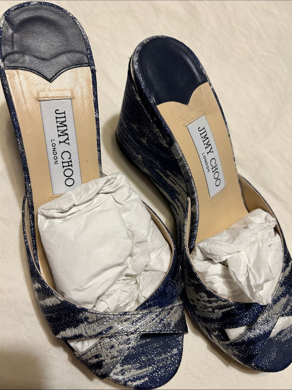 Jimmy Choo Navy and Silver Metallic Wedge Mules